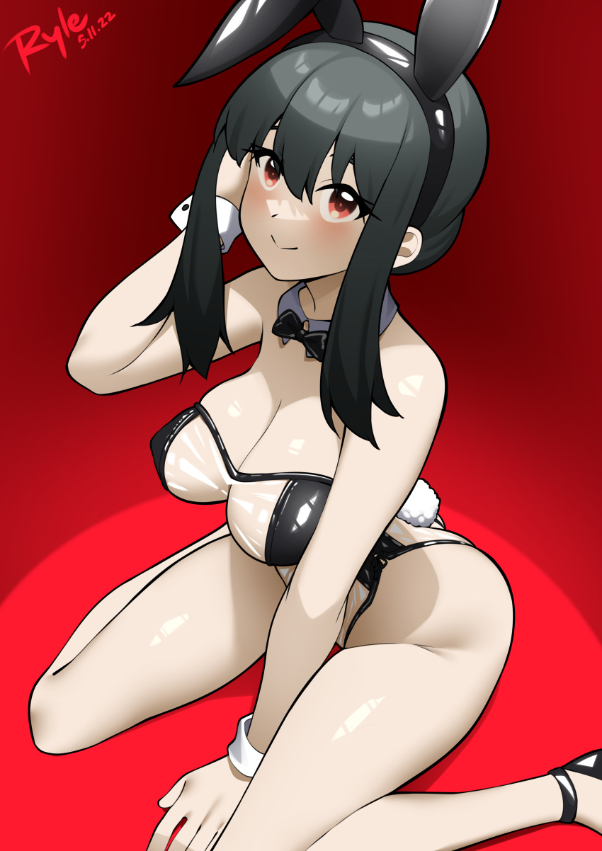 1girl absurdres alternate_costume animal_ears ankle_strap artist_name bare_legs black_bow black_bowtie black_hair bow bowtie breasts cleavage closed_mouth dated detached_collar fake_animal_ears from_above highres large_breasts leotard looking_at_viewer medium_hair playboy_bunny rabbit_ears rabbit_tail red_background red_eyes ryle see-through see-through_leotard sidelocks sitting skindentation smile solo spy_x_family tail thighs translucent_bunnysuit wariza wrist_cuffs yor_briar