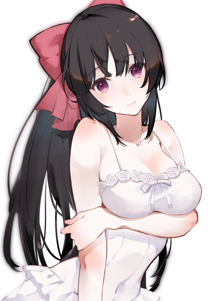 1girl black_hair bow breast_hold breasts cleavage closed_mouth commentary_request covered_navel dress hair_bow highres large_breasts long_hair looking_at_viewer neko_(ganecooo) noihara_himari omamori_himari ponytail purple_eyes solo sundress very_long_hair white_dress