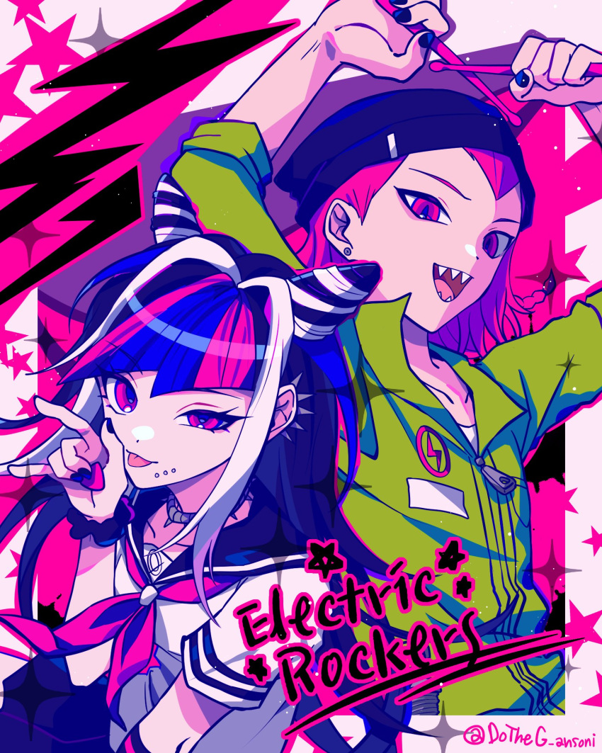 1boy 1girl arms_up bangs black_background black_hair black_headwear black_nails black_sailor_collar black_skirt blue_hair collarbone danganronpa_(series) danganronpa_2:_goodbye_despair dudeoji_(dotheg_ansoni) green_jumpsuit highres holding jumpsuit mioda_ibuki mouth_piercing nail_polish neckerchief pink_background pink_eyes pink_hair pink_neckerchief sailor_collar scrunchie sharp_teeth shiny shiny_hair shirt short_sleeves skirt souda_kazuichi teeth tongue tongue_out white_background white_hair white_shirt wrist_scrunchie