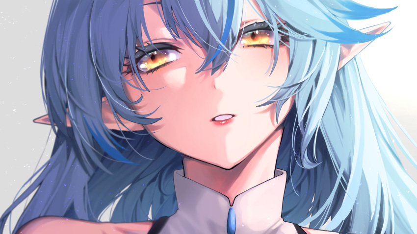 1girl absurdres bangs blue_hair elf hair_between_eyes highres hololive long_hair mikan_(chipstar182) multicolored_hair parted_lips pointy_ears portrait simple_background solo streaked_hair virtual_youtuber yellow_eyes yukihana_lamy