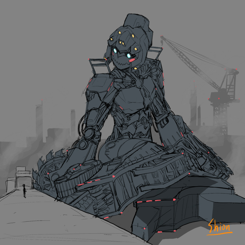 1girl 1other artist_name blue_eyes blush bucket-wheel_excavator commentary_request crane_(machine) excavator fog full_body height_difference highres humanoid_robot industrial lights machinery mecha on_ground original piston robot sharp_teeth shion_humine sitting teeth