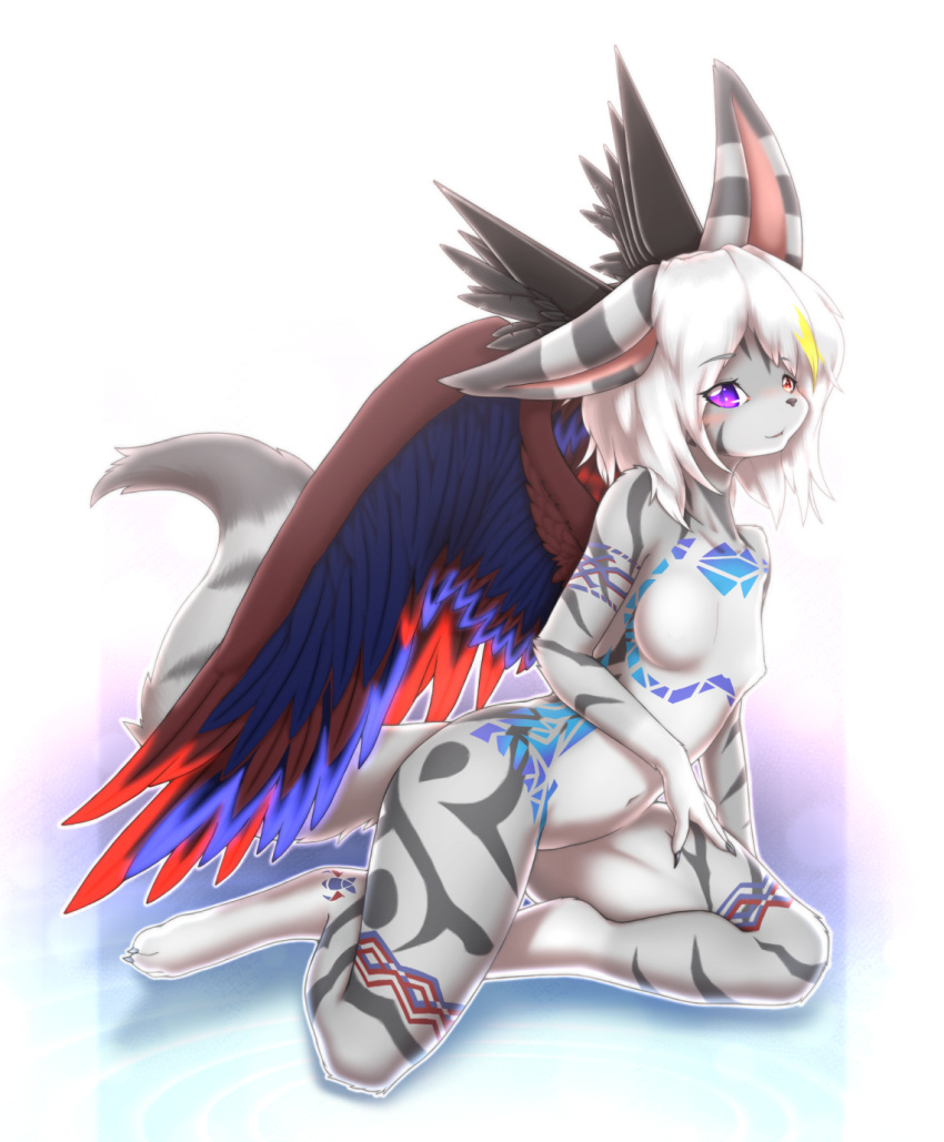 anthro blush breasts feathered_wings feathers featureless_breasts female fur hair hazukikai hi_res kemono mammal nude simple_background solo white_background wings