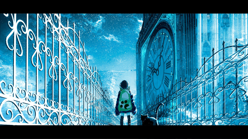 1girl animal_ears architecture arms_at_sides backpack bag black_background black_cat black_hair black_legwear blue_hoodie blue_sky blue_theme cat cat_ears cat_paw chocoshi clock clock_tower cloud elizabeth_tower facing_away fence framed from_behind giant gothic_architecture highres hood hoodie light light_particles long_sleeves neon_trim original scenery shadow short_hair sky sleeves_past_wrists solo standing thighhighs tower walking zettai_ryouiki