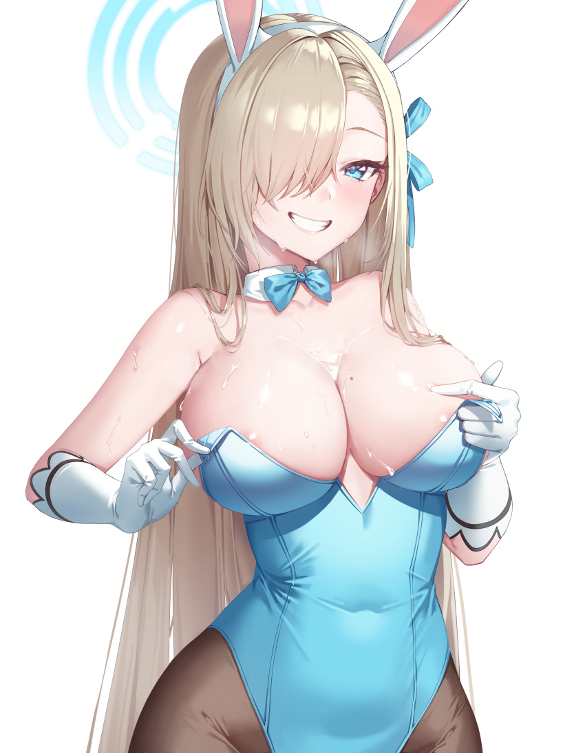 1girl :d absurdres animal_ears areola_slip areolae asuna_(blue_archive) asuna_(bunny_girl)_(blue_archive) bangs bare_shoulders blonde_hair blue_archive blue_bow blue_bowtie blue_eyes blue_leotard blue_ribbon bow bowtie breasts cleavage clenched_teeth collarbone commentary_request covered_navel cowboy_shot detached_collar fake_animal_ears forehead gloves hair_over_shoulder hair_ribbon halo highleg highleg_leotard highres large_breasts leotard long_hair mole mole_on_breast no_bra official_alternate_costume open_mouth pantyhose playboy_bunny ribbon simple_background smile solo sseli strapless strapless_leotard sweat swept_bangs teeth very_long_hair white_background white_gloves