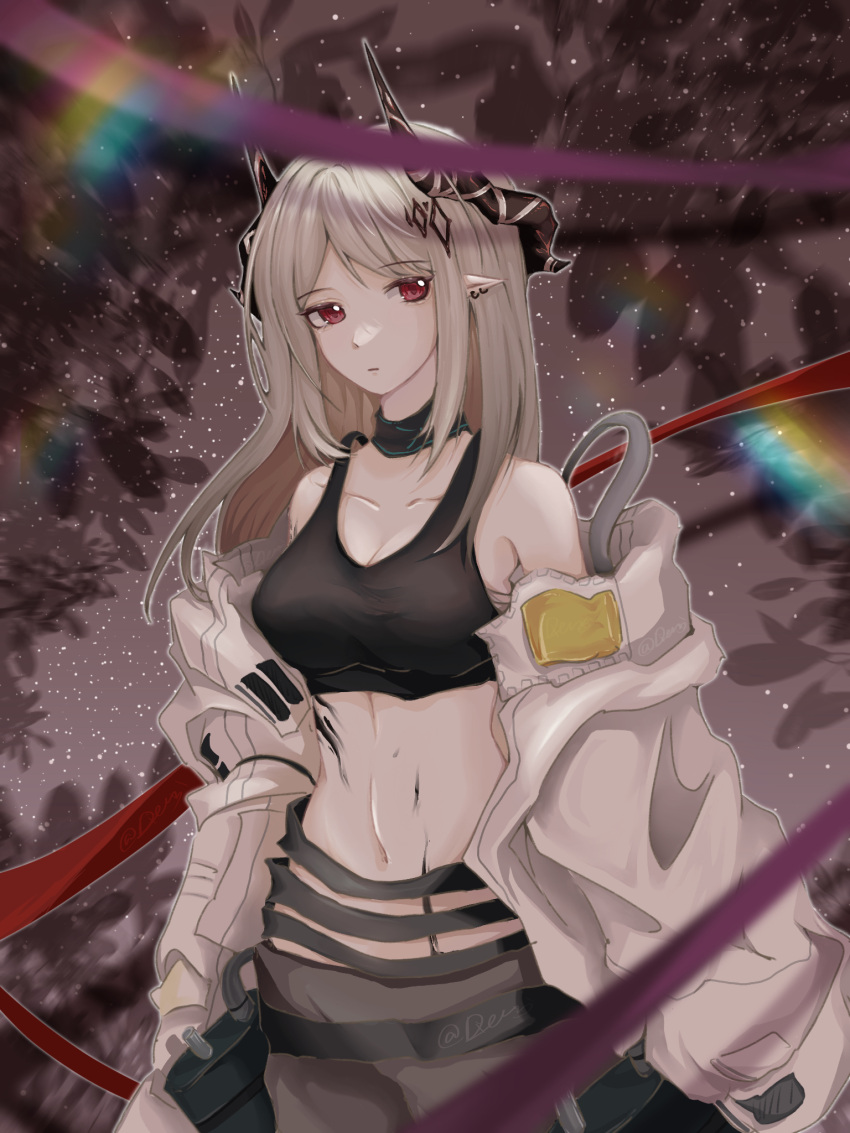 1girl arknights bangs bare_shoulders black_choker breasts choker cleavage commentary_request cowboy_shot crop_top eyebrows_visible_through_hair highres horns large_breasts long_hair long_sleeves looking_at_viewer midriff mudrock_(arknights) navel off_shoulder open_clothes oripathy_lesion_(arknights) pointy_ears red_eyes sarashi shahai solo sports_bra standing stomach white_hair