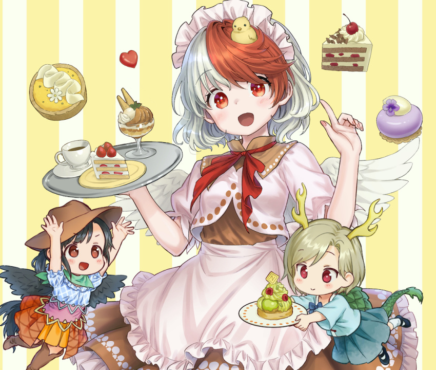 3girls ama-tou animal animal_on_head antlers apron bird bird_on_head bird_wings black_hair blonde_hair blue_shirt blush boots brown_dress brown_footwear brown_headwear brown_skirt cake chick closed_mouth coffee cowboy_hat cup dragon_horns dragon_tail dress eyebrows_visible_through_hair feathered_wings food fruit green_skirt hat headdress holding holding_tray horns kicchou_yachie knee_boots kurokoma_saki multicolored_hair multiple_girls niwatari_kutaka on_head open_mouth red_eyes red_hair shirt short_hair short_sleeves skirt smile strawberry tail touhou tray turtle_shell two-tone_hair waist_apron white_apron wings yellow_horns