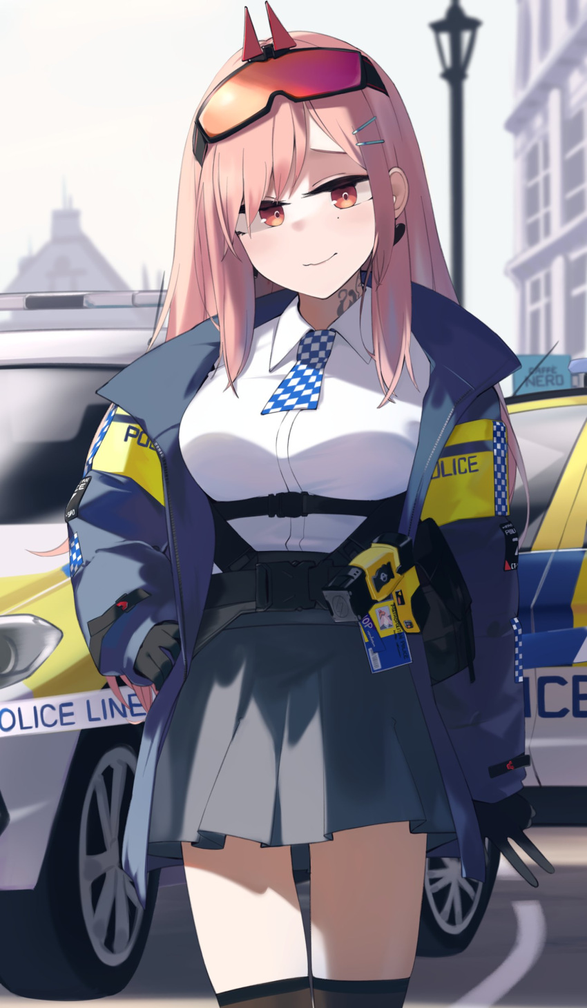 1girl absurdres black_legwear breasts building car checkered_necktie city collared_shirt cowboy_shot earrings eyewear_on_head girls'_frontline grey_skirt ground_vehicle hair_ornament hairclip highres hinami047 jacket jewelry lamppost large_breasts long_hair long_sleeves mole mole_under_eye motor_vehicle neck_tattoo necktie orange_goggles pink_hair police police_car police_uniform policewoman red_eyes safety_glasses shirt sig_mcx_(girls'_frontline) skirt spade_(shape) spade_earrings taser tattoo thighhighs uniform walkie-talkie white_shirt