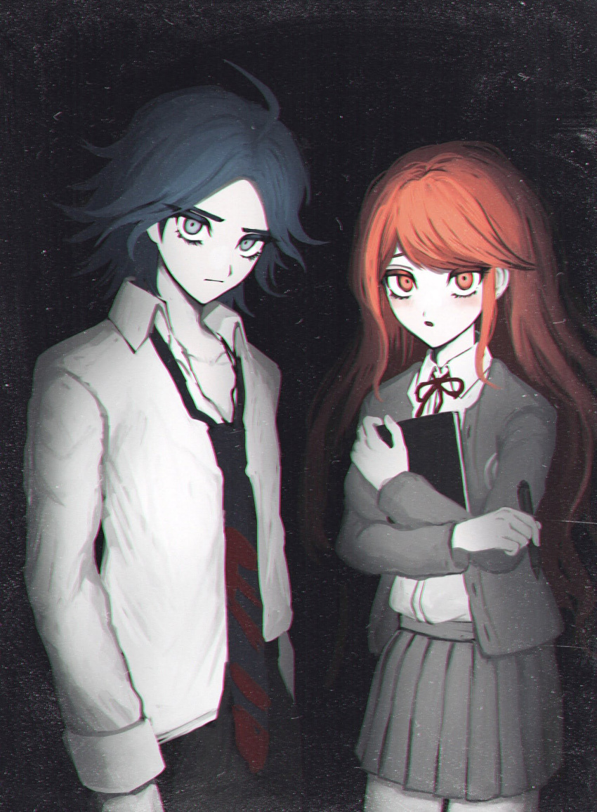 1boy 1girl :o ahoge bangs black_background black_hair black_jacket black_necktie black_ribbon black_skirt book collared_shirt cowboy_shot danganronpa/zero danganronpa_(series) grey_background highres holding holding_book holding_pen ie_(kshgnhg) jacket long_hair long_sleeves matsuda_yasuke medium_hair miniskirt neck_ribbon necktie object_hug open_clothes open_jacket open_mouth otonashi_ryouko pen red_eyes red_hair red_necktie ribbon school_uniform shirt shirt_half_tucked_in shirt_tucked_in skirt striped_necktie white_shirt