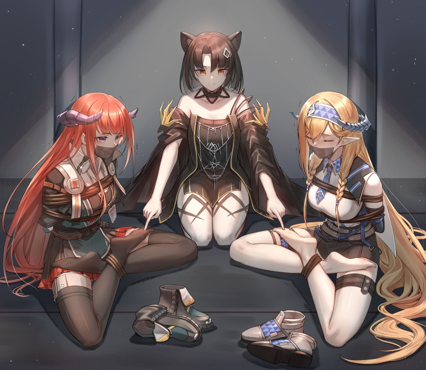 3girls animal_ears arknights arms_behind_back bagpipe_(arknights) bangs bare_shoulders black_choker black_dress black_hair black_legwear blonde_hair blue_hairband blue_necktie bound_ankles braid breasts cat_ears chenjiyan_y chinese_commentary choker closed_eyes commentary_request commission dress eyebrows_visible_through_hair gag gagged hairband highres horns improvised_gag indian_style indoors jacket large_breasts long_hair long_sleeves mandragora_(arknights) multiple_girls necktie off-shoulder_dress off_shoulder orange_hair plaid plaid_skirt pointy_ears purple_eyes red_skirt rope saileach_(arknights) second-party_source shirt shoes shoes_removed short_hair sitting skirt tape tape_gag thighhighs twin_braids very_long_hair white_legwear white_shirt wide_sleeves