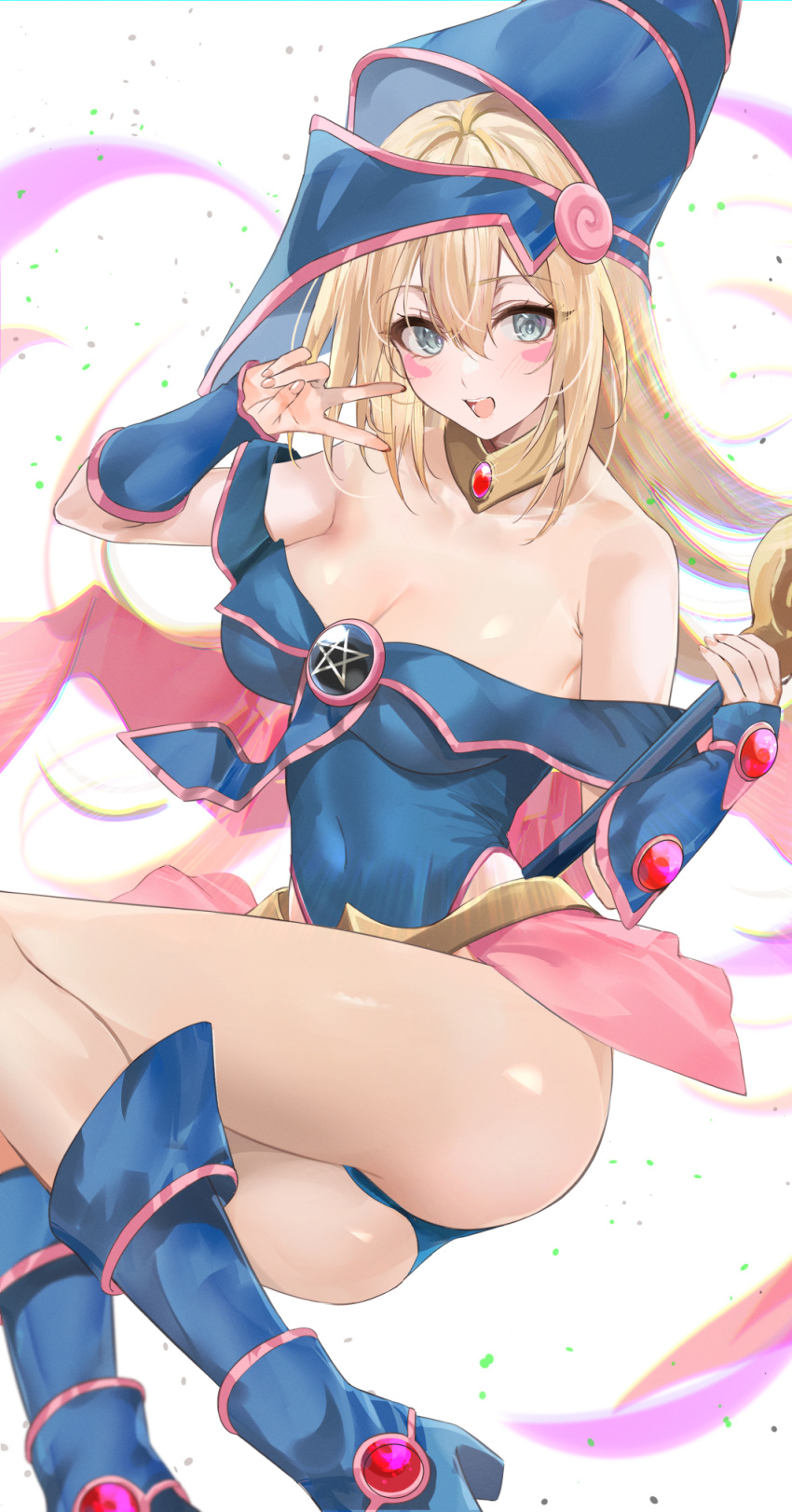 1girl :d ass bangs bare_shoulders blonde_hair blue_footwear blue_headwear blue_leotard blush_stickers boots breasts cleavage covered_navel dark_magician_girl eyebrows_visible_through_hair gem green_eyes hair_between_eyes hand_up hat highres holding holding_staff holding_wand jewelry knee_boots large_breasts legs_together leotard mexif neck_ring off-shoulder_leotard open_mouth smile solo staff taut_leotard thighs v wand wizard_hat wrist_cuffs yu-gi-oh!