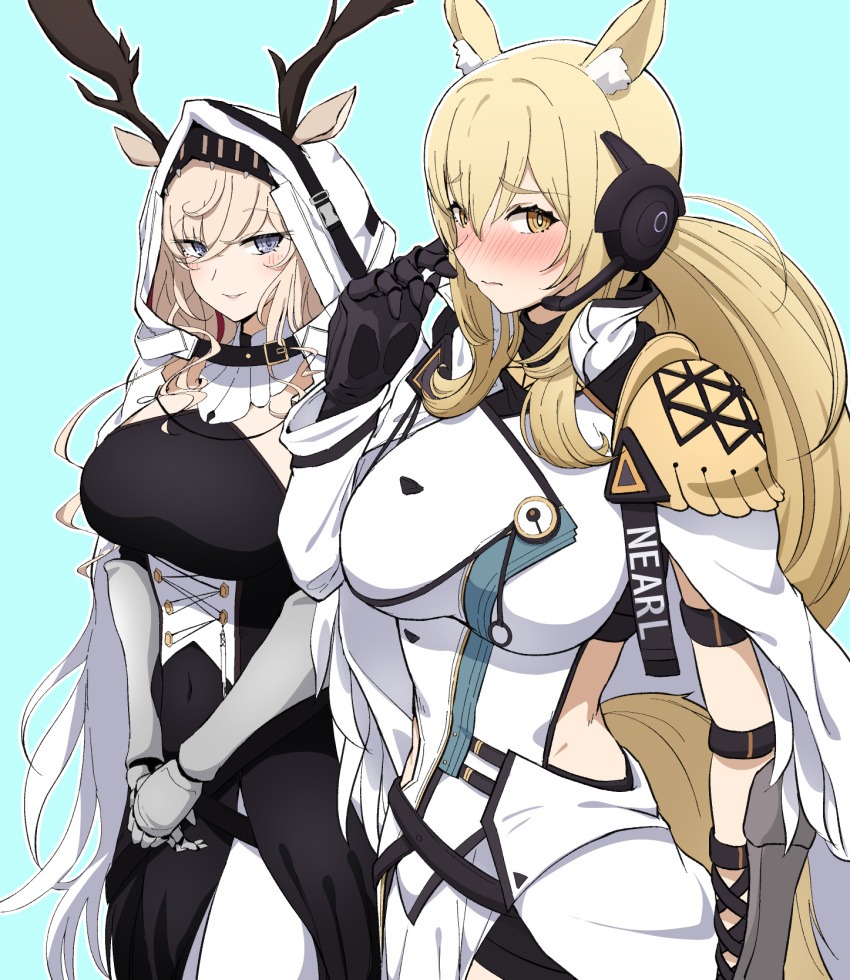 2girls animal_ears antler_grab arknights arm_guards armor bangs black_dress black_gloves blonde_hair blue_background blue_eyes blush breasts character_name closed_mouth covered_navel cowboy_shot deer_antlers deer_ears deer_girl dress ears_through_headwear embarrassed eyebrows_visible_through_hair gauntlets gloves hand_up highres hood hood_up horse_ears horse_girl horse_tail large_breasts long_hair looking_at_viewer makino midriff_peek multiple_girls nearl_(arknights) nearl_the_radiant_knight_(arknights) nose_blush orange_eyes own_hands_together parted_lips ponytail shoulder_armor sidelocks simple_background smile tail v_arms very_long_hair viviana_(arknights) wavy_mouth white_dress