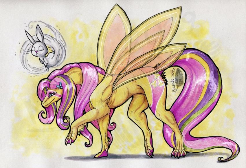 2019 alternate_species claws dragon duo feral fluttershy_(mlp) friendship_is_magic hair lagomorph mammal my_little_pony natoli pink_hair rabbit simple_background standing traditional_media_(artwork) wings