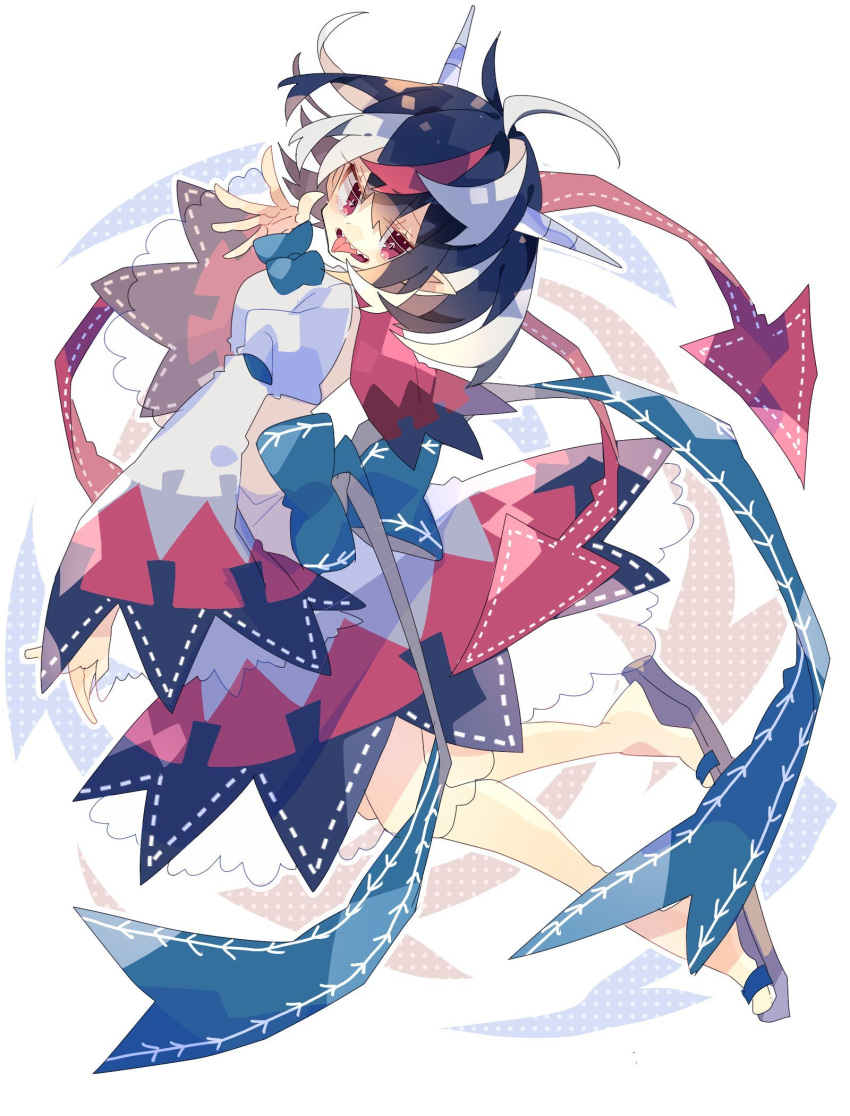 1girl arrow_(symbol) black_dress black_hair blue_bow bow capelet dress from_side full_body highres horns kijin_seija long_sleeves looking_at_viewer multicolored_clothes multicolored_dress multicolored_hair nikorashi-ka open_mouth pointy_ears puffy_long_sleeves puffy_sleeves red_capelet red_dress red_hair ribbon-trimmed_bow ribbon-trimmed_dress sandals see-through sharp_teeth solo streaked_hair symbol-only_commentary teeth tongue tongue_out touhou waist_bow white_dress white_hair wide_sleeves