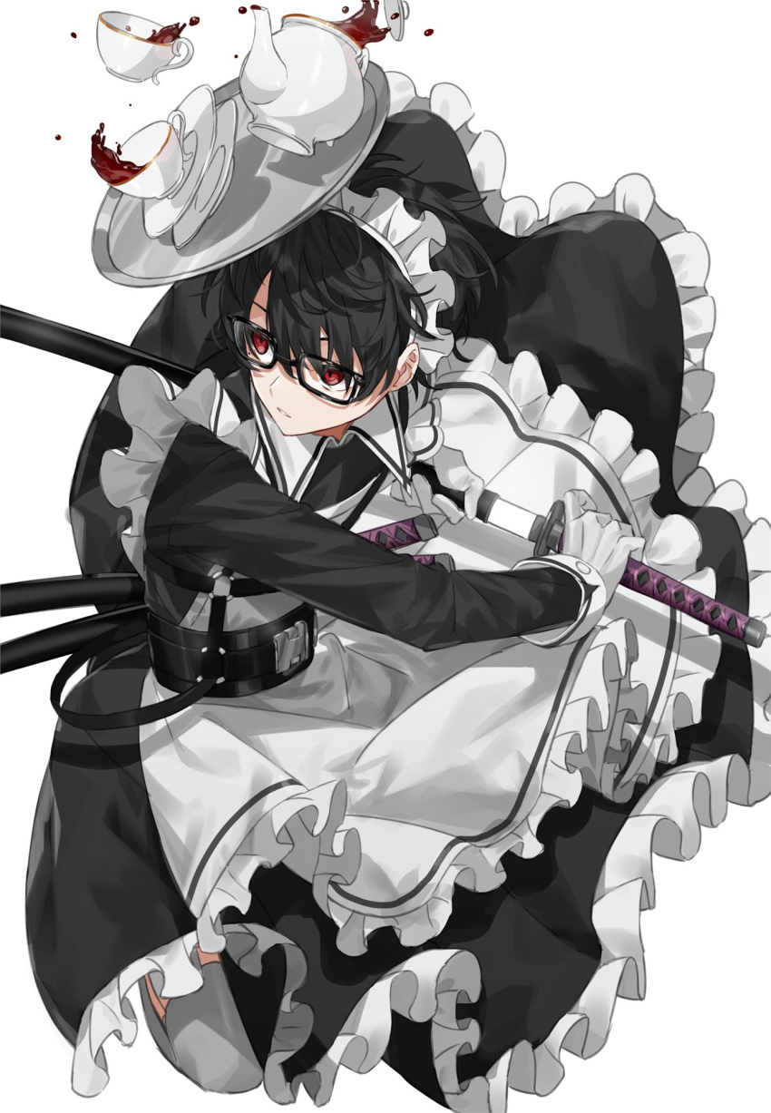 1boy akagiasami apron belt black-framed_eyewear black_belt black_dress black_hair chest_harness commentary cup dress fighting_stance frilled_apron frilled_dress frills glasses glowing glowing_sword glowing_weapon harness highres holding holding_sword holding_weapon katana long_sleeves looking_to_the_side maid_headdress male_focus original plate rectangular_eyewear red_eyes sheath sheathed sleeve_cuffs solo spill sword tea teacup teapot thighhighs tray unsheathing weapon white_apron white_headwear white_legwear