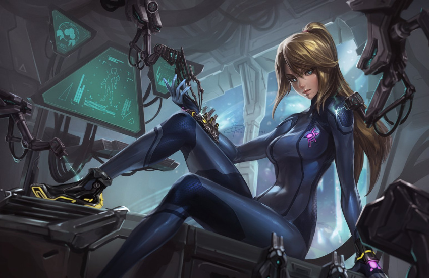 1girl arm_support bangs blonde_hair blue_bodysuit blue_eyes bodysuit breasts closed_mouth commentary imdrunkontea lips long_hair long_sleeves looking_at_viewer machinery medium_breasts metroid mole mole_under_mouth neon_trim ponytail samus_aran shiny shiny_clothes simple_background sitting skin_tight solo turtleneck zero_suit