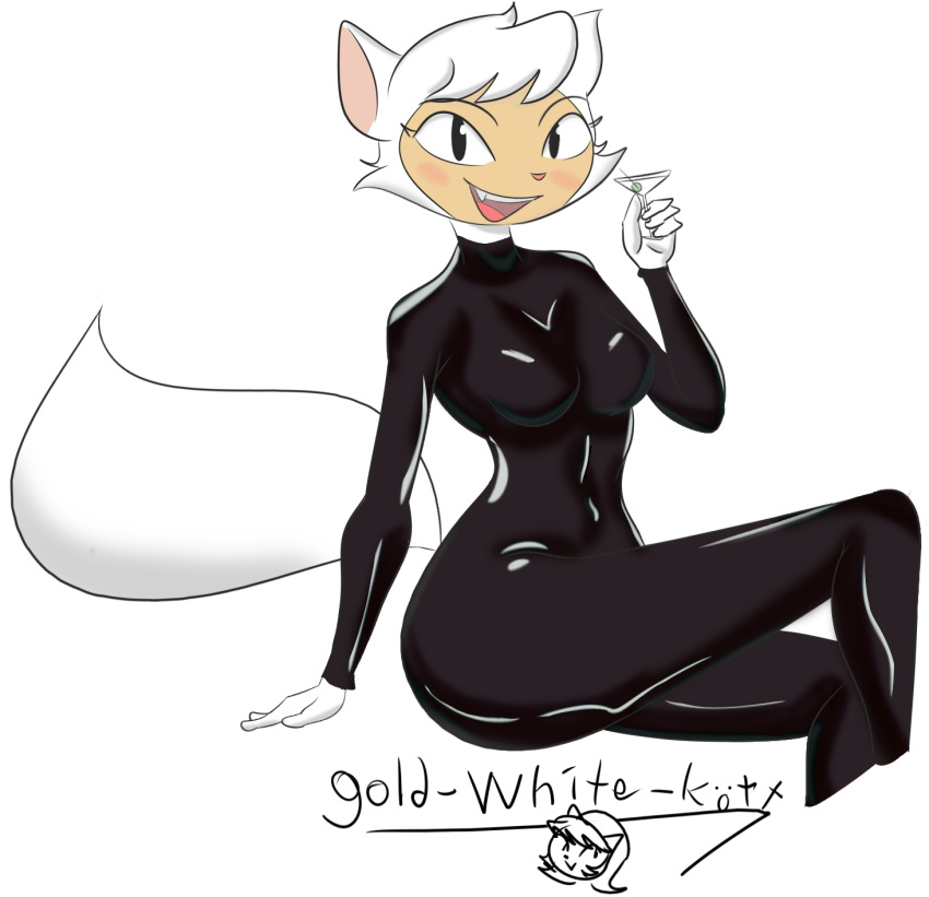 2022 alcohol anthro beverage blush breasts cats_don't_dance clothing cocktail digital_drawing_(artwork) digital_media_(artwork) domestic_cat felid feline felis female fur gold-white-kott hi_res mammal martini rubber rubber_clothing rubber_suit sawyer_(cats_don't_dance) signature simple_background sitting solo warner_brothers white_background white_body white_fur