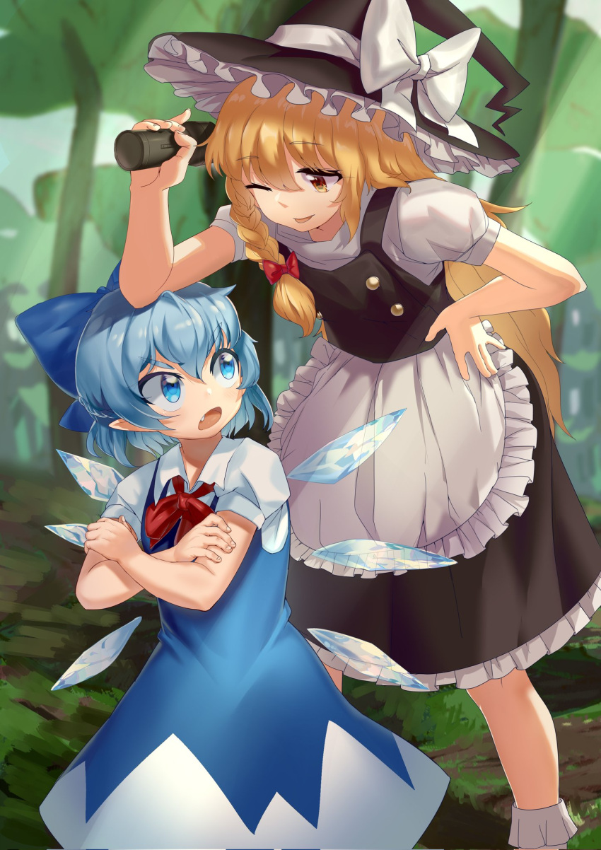 2girls angry apron bangs black_dress black_footwear blonde_hair blue_bow blue_dress blue_eyes blue_hair bow braid broom cirno collared_shirt crossed_arms dress fairy_wings flat_chest forest frilled_dress frills hair_bow hat hat_bow highres hxj_(2324184595) ice ice_wings kirisame_marisa long_dress long_hair multiple_girls nature neck_ribbon one_eye_closed outdoors pinafore_dress puffy_short_sleeves puffy_sleeves red_bow red_ribbon ribbon shirt short_hair short_sleeves side_braid single_braid smile socks touhou v-shaped_eyebrows waist_apron white_bow white_legwear white_shirt wings witch_hat yellow_eyes