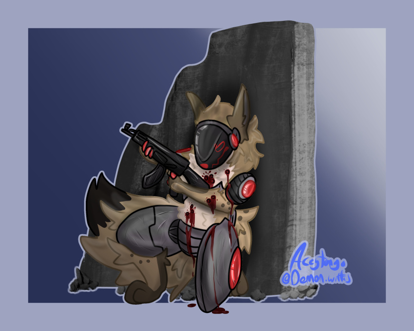 aceytango ak74 anthro blood bodily_fluids digital_media_(artwork) fur gun hi_res hyaenid johmn machine male mammal protogen ranged_weapon red_eyes screen screen_face solo spots spotted_body spotted_fur spotted_hyena weapon