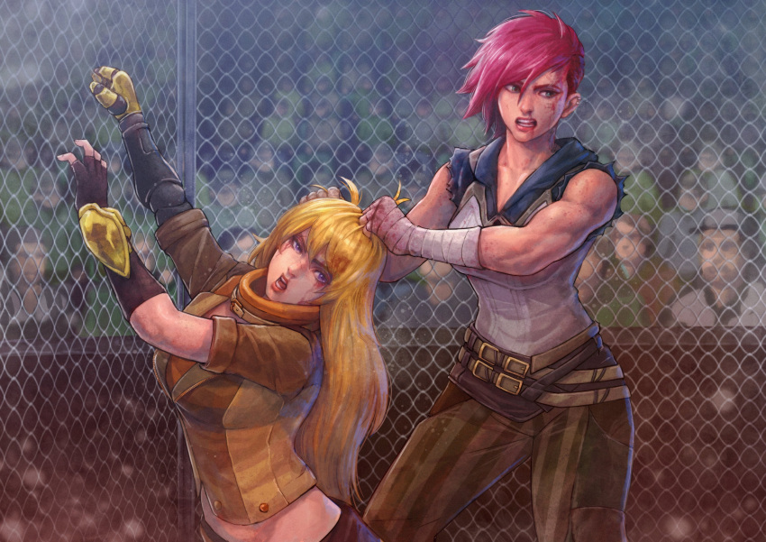 2girls absurdres arcane:_league_of_legends arcane_vi battle belt blonde_hair blood blue_eyes breasts brown_pants catfight chain-link_fence cirenk commission crossover crowd fence hair_up highres injury league_of_legends long_hair medium_breasts mixed_martial_arts multiple_belts multiple_girls muscular muscular_female octagonal_ring pants pink_hair prosthesis prosthetic_arm purple_eyes rwby sleeveless striped vertical_stripes vi_(league_of_legends) yang_xiao_long