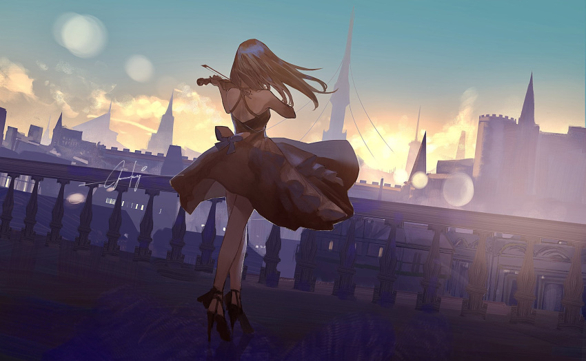 1girl backless_dress backless_outfit black_dress black_hair blue_sky bow bow_(music) brush_stroke cable castle cityscape clothes_lift dress dress_bow dress_lift dutch_angle facing_away from_behind full_body goroku hair_lift high_heels highres holding holding_instrument house instrument lens_flare long_hair music nape no_socks off-shoulder_dress off_shoulder original perspective playing_instrument railing rooftop scenery signature sky solo spire standing sunset violin wind wind_lift