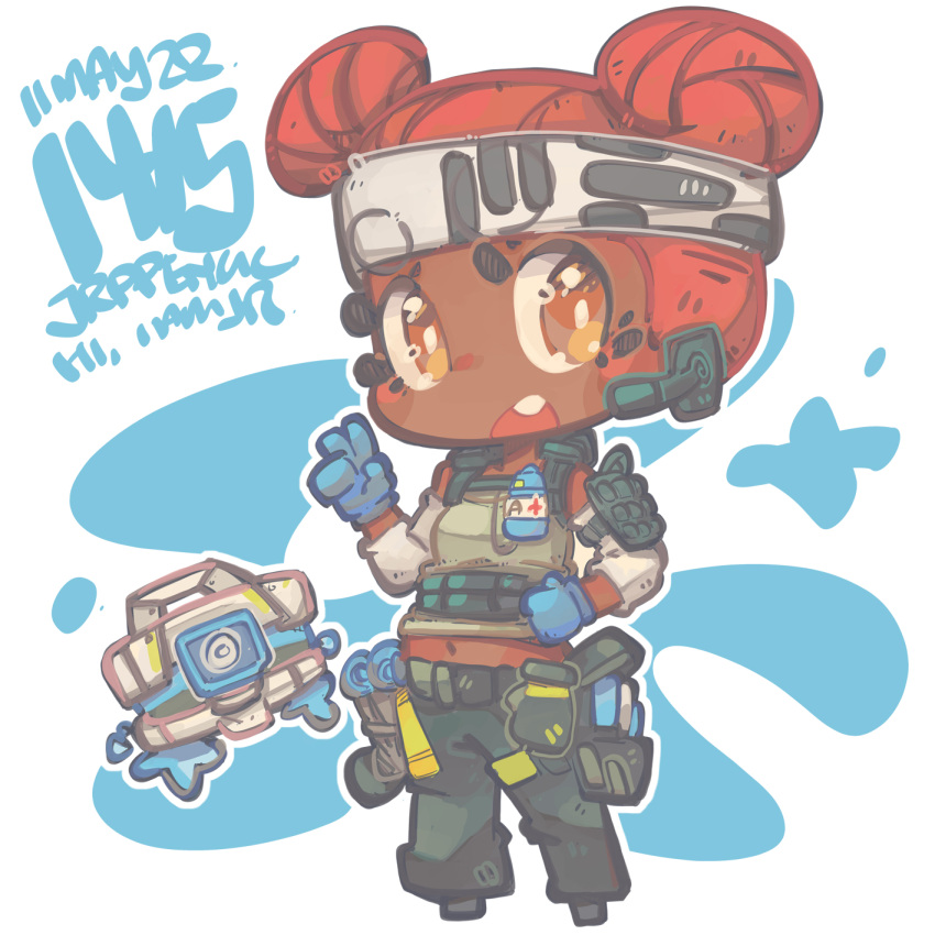 1girl apex_legends artist_name black_pants blue_gloves bright_pupils brown_eyes brown_tank_top chibi d.o.c._health_drone dark-skinned_female dark_skin dated detached_sleeves double_bun gloves headband headset highres jr4rt lifeline_(apex_legends) looking_at_viewer open_mouth pants red_hair robot solo_focus tank_top white_headband white_pupils