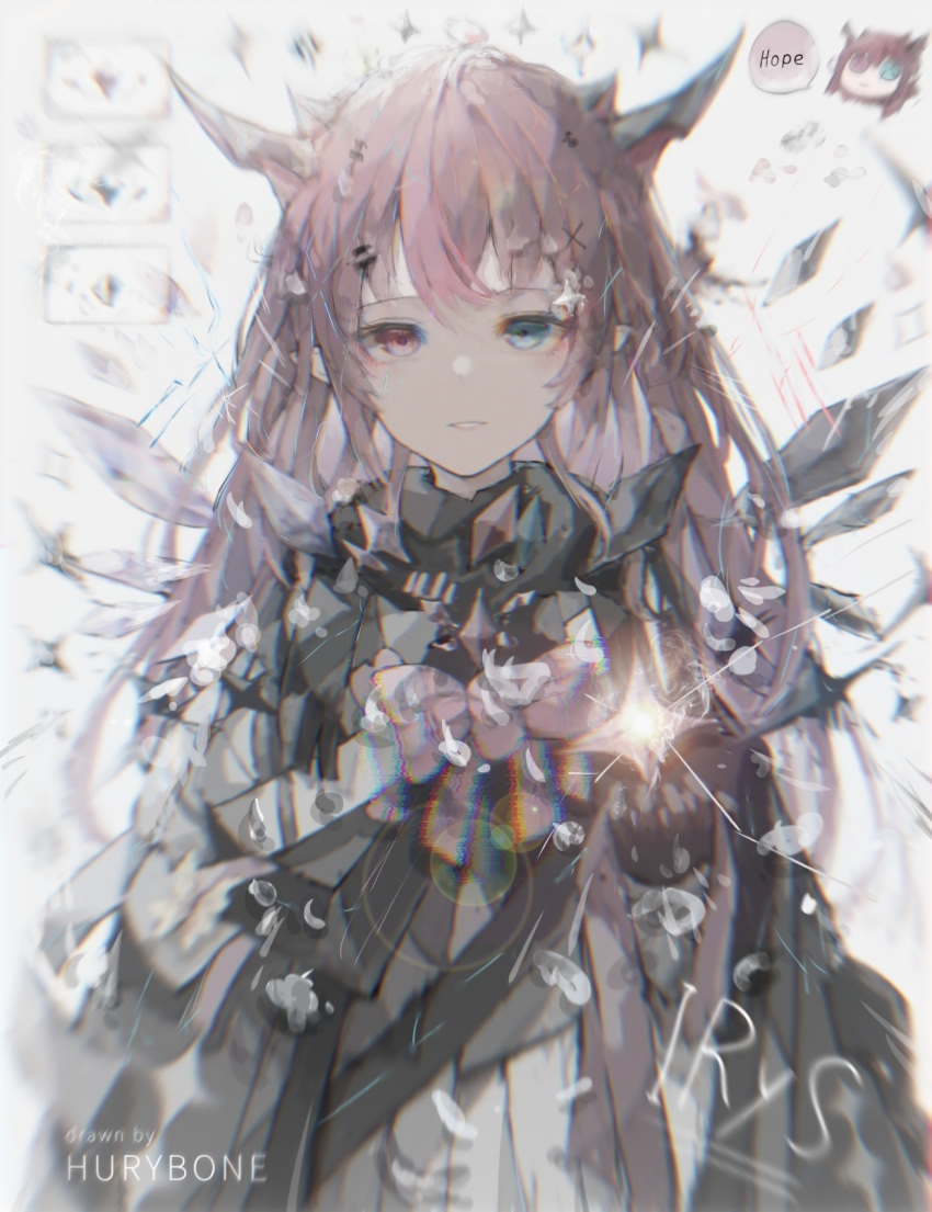 1girl bangs black_scarf blue_eyes blurry detached_wings diamond_(shape) heterochromia highres hololive hololive_english horns hurybone ibispaint_(medium) irys_(hololive) lens_flare looking_at_viewer purple_eyes purple_hair ribbon scarf virtual_youtuber wings