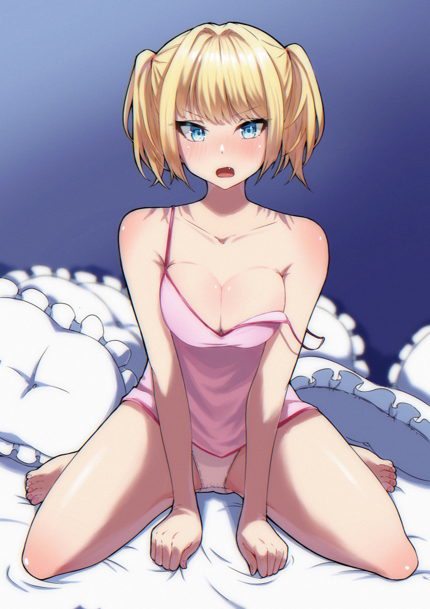 1girl :d absurdres bangs bare_arms bare_legs bare_shoulders barefoot bed_sheet blonde_hair blue_background blue_eyes blurry blush breasts camisole cleavage collarbone commentary_request eyebrows_visible_through_hair eyelashes facing_viewer fang feet full_body gradient gradient_background highres legs_folded looking_at_viewer medium_breasts off_shoulder open_mouth original outline panties pantyshot pillow pink_shirt shadow shiny shiny_skin shirt shooot108 short_twintails simple_background sitting smile solo spread_legs toes tsurime twintails underwear v-shaped_eyebrows wariza white_panties