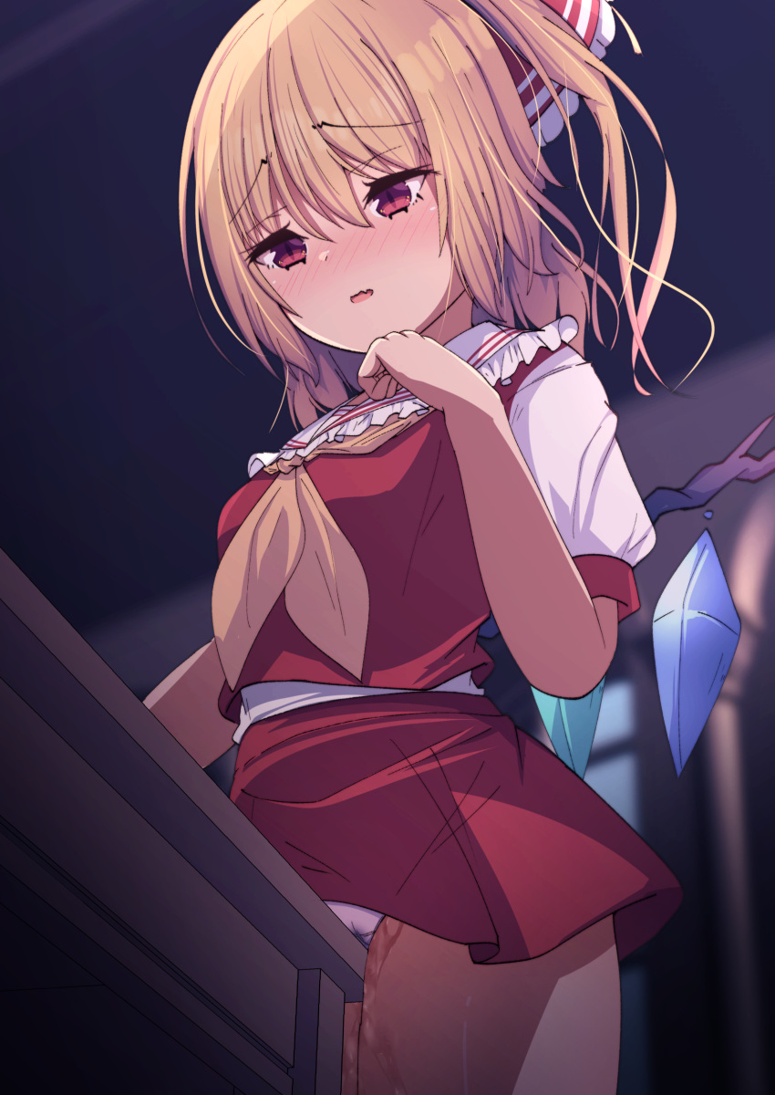 1girl absurdres bangs blonde_hair blurry blurry_background blush breasts crotch_rub crystal darumoon eyebrows_visible_through_hair fang flandre_scarlet frills grey_panties hair_between_eyes hair_ribbon hand_up highres indoors jewelry looking_down medium_breasts miniskirt multicolored_wings necktie no_hat no_headwear one_side_up open_mouth panties puffy_short_sleeves puffy_sleeves pussy_juice red_eyes red_ribbon red_skirt red_vest ribbon sailor_collar shirt short_hair short_sleeves skirt solo standing table table_sex tongue touhou underwear vest wall white_shirt window wings yellow_necktie