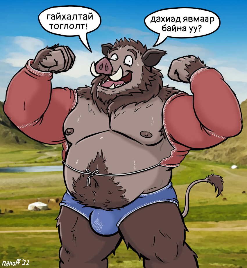 absurd_res anthro bodily_fluids flexing flexing_both_biceps hi_res khenbish_(minotaur_hotel) looking_at_viewer male mammal minotaur_hotel mongolian_clothing mongolian_text musclegut muscular muscular_male nanoff smile solo suid suina sus_(pig) sweat text wild_boar wrestling_clothing