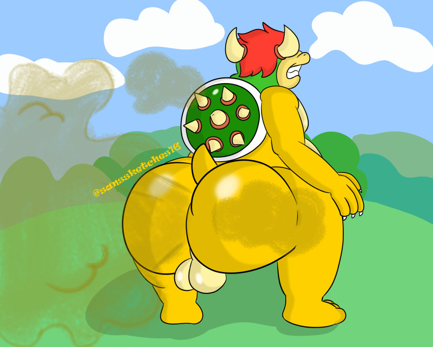 anthro backsack balls belly big_butt bowser bubble_butt butt chubby_male claws crouching fart fart_cloud fart_fetish farting_at_viewer field genitals glistening glistening_body hi_res horn huge_butt koopa male male/male mario_bros moobs nintendo outside presenting presenting_hindquarters public saggy_balls sanssketches16 scalie shell slightly_chubby small_tail solo thick_thighs turtle_shell video_games