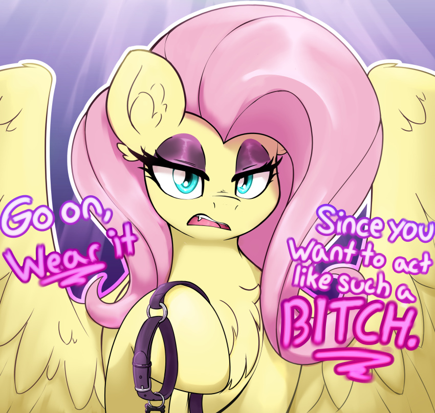 absurd_res collar czu equid equine eyeshadow feathers female feral fluttershy_(mlp) friendship_is_magic hair hasbro hi_res leash makeup mammal my_little_pony pegasus pink_hair profanity solo wings yellow_body yellow_feathers