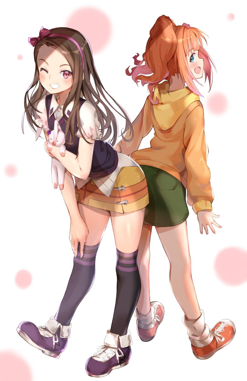 2girls absurdres bangs black_legwear black_sweater_vest blurry blurry_background blush brown_eyes brown_hair collared_shirt commentary_request dotted_background from_side green_eyes green_shorts grin hand_on_own_knee highres hood hood_down hoodie idolmaster long_hair long_sleeves looking_at_viewer looking_back minase_iori multiple_girls one_eye_closed open_mouth orange_footwear orange_hair orange_hoodie purple_footwear shiroyu shirt shoes short_sleeves shorts smile sneakers standing stuffed_animal stuffed_bunny stuffed_toy sweater_vest takatsuki_yayoi teeth white_background white_shirt