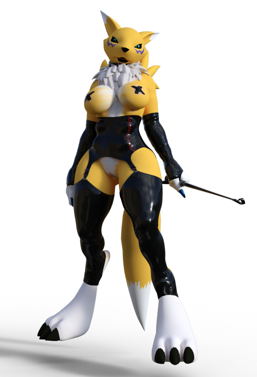 anthro bandai_namco bbdworks blue_eyes clothing digimon digimon_(species) female gloves handwear hi_res humanoid latex latex_gloves latex_legwear lipstick makeup mistress renamon riding_crop solo whip yellow_body