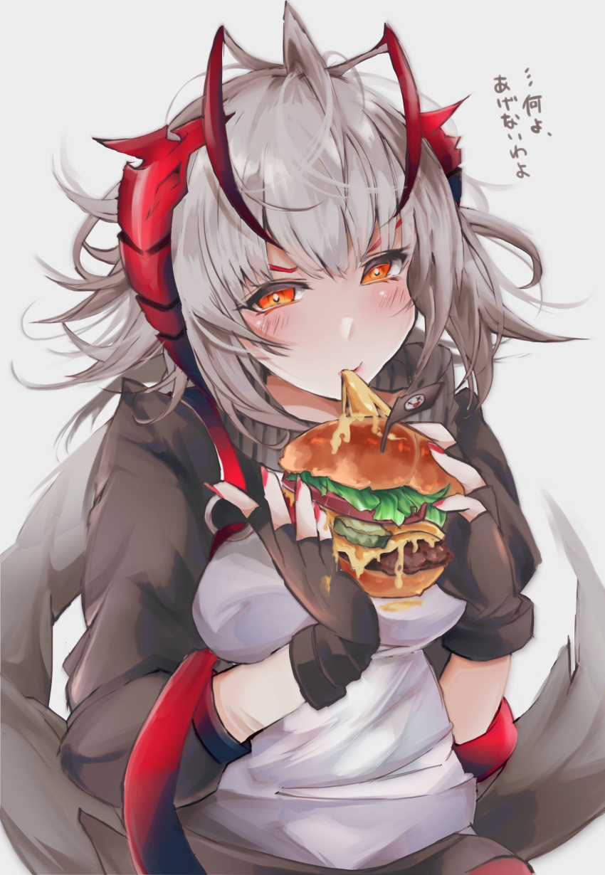 1girl absurdres ahoge antenna_hair antennae arknights black_gloves black_sweater blush bread_bun breasts burger cheese clumsy eating fingerless_gloves flag food gloves head_tilt highres holding holding_food horns lettuce long_sleeves looking_at_viewer messy_hair mirui orange_eyes pickle red_nails short_hair simple_background solo spilling steak sweater tomato translation_request upper_body w_(arknights) white_background white_hair white_sweater x_x