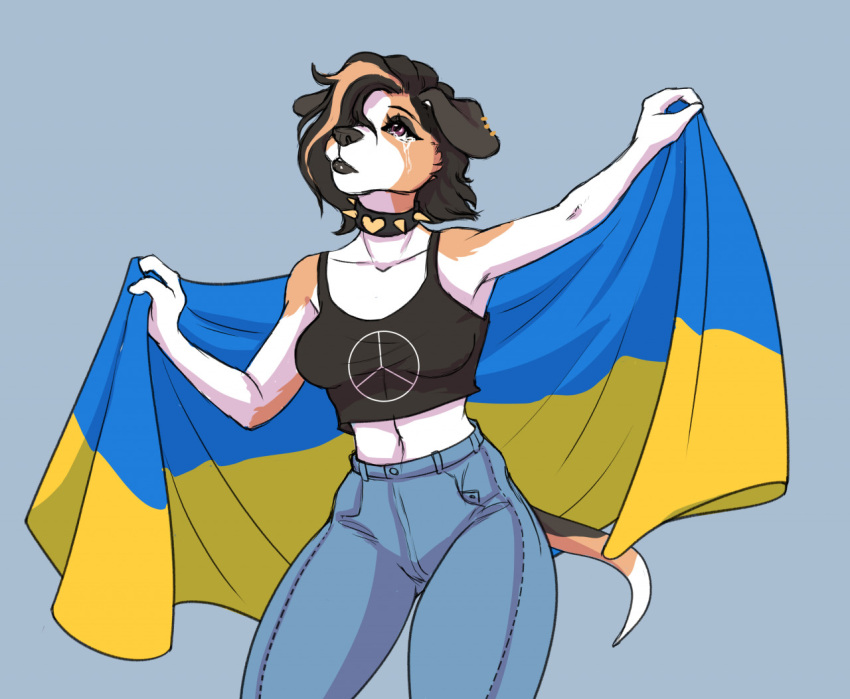 anthro bodily_fluids canid canine canis collar crying domestic_dog female flag mammal nastynatalie peace_(disambiguation) solo spiked_collar spikes tears ukraine ukraine_flag war