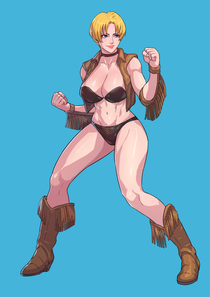 1girl absurdres black_bra black_choker black_shorts blonde_hair blue_background blue_eyes boots bra breasts brown_footwear brown_sleeves brown_vest choker cirenk clenched_hands commission cosplay cowboy_boots cross-laced_slit dead_or_alive dead_or_alive_2 detached_sleeves final_fight final_fight_tough frills full_body highres large_breasts linea_alba lips lucia_morgan navel open_clothes open_vest short_hair short_shorts shorts sleeveless solo strapless strapless_bra street_fighter street_fighter_v thighs tina_armstrong tina_armstrong_(cosplay) toned underwear very_short_hair vest w_arms wrestling_outfit