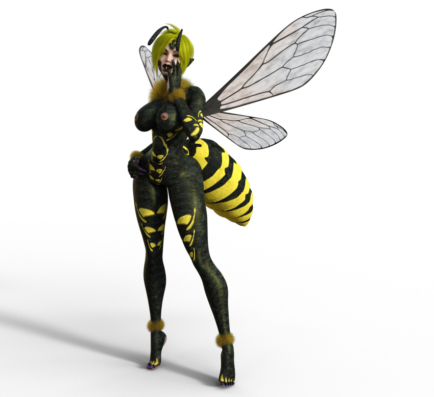 animal_humanoid ankle_fluff anthro arthropod arthropod_humanoid bbdworks blonde_hair colored_nails female hair hi_res humanoid hybrid hymenopteran hymenopteran_humanoid insect insect_humanoid lipstick makeup nails solo wasp wasp_humanoid wings