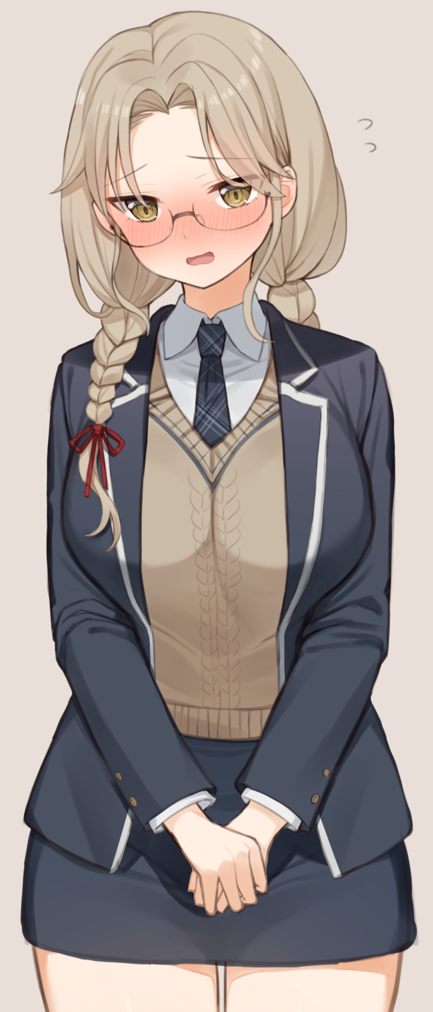 1girl absurdres aran_sweater bespectacled black_jacket black_skirt blazer blue_jacket blue_necktie blue_skirt blush braid breasts brown_eyes brown_vest cable_knit choco_tanuki collared_shirt cowboy_shot dress_shirt glasses highres jacket large_breasts light_brown_hair long_hair long_sleeves looking_at_viewer miniskirt necktie nijisanji nose_blush official_alternate_costume official_alternate_hairstyle open_clothes open_jacket open_mouth own_hands_together parted_bangs pleated_skirt red-framed_eyewear school_uniform shirt simple_background sister_claire sister_claire_(8th_costume) skirt solo sweater sweater_vest twin_braids twintails vest virtual_youtuber wavy_hair white_shirt