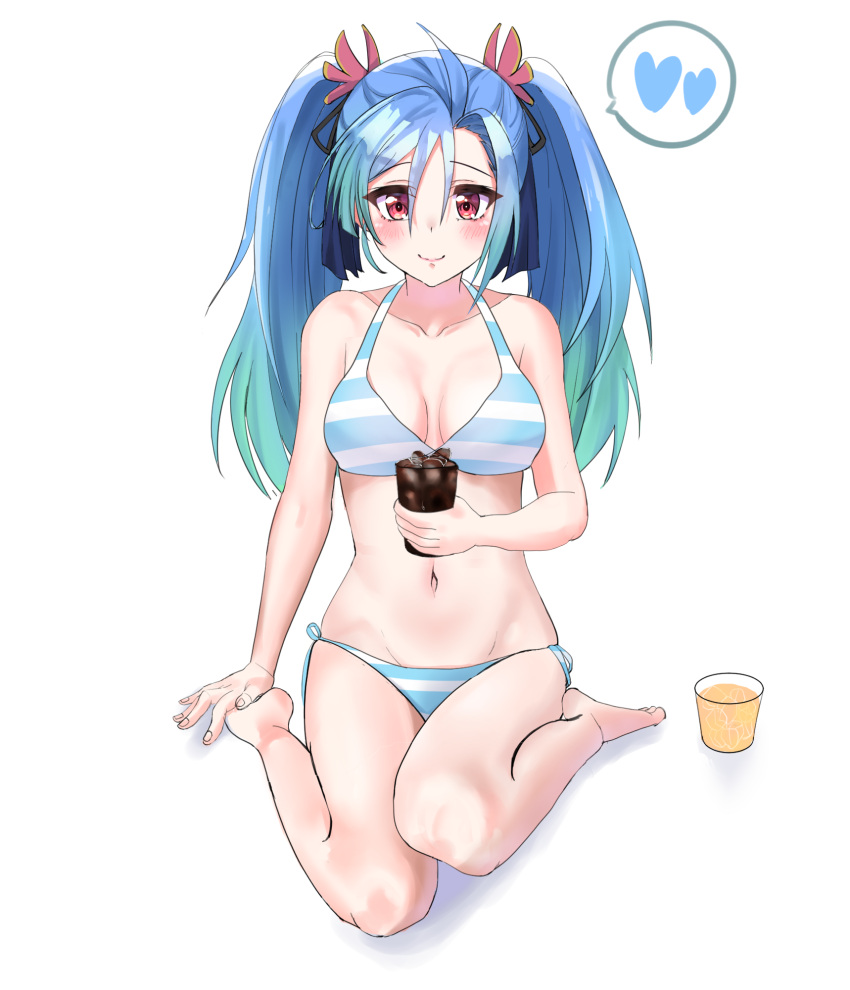 1girl aqua_hair az_sainklaus bangs barefoot bikini blue_bikini blue_hair blush breasts busasu cleavage collarbone commission cup gradient_hair heart highres holding holding_cup ice looking_at_viewer medium_breasts multicolored_hair navel red_eyes sitting smile solo spoken_heart super_robot_wars super_robot_wars_30 swimsuit twintails