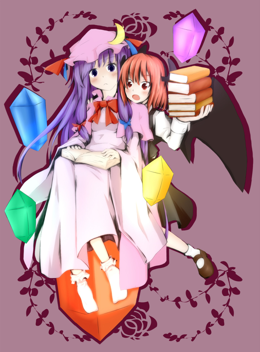 2girls :&lt; :o bat_wings black_skirt black_vest blue_bow blue_ribbon blush book book_on_lap book_stack bow bowtie brown_footwear capelet commentary_request crescent crescent_hat_ornament crystal dress dress_shirt drop_shadow fang flower full_body hair_bow hair_ribbon hat hat_bow hat_ornament head_tilt head_wings highres holding holding_book juliet_sleeves koakuma kuroneko_(kuroi-neko) loafers long_sleeves looking_at_another looking_at_viewer mob_cap multiple_girls no_shoes open_book open_mouth patchouli_knowledge puffy_sleeves purple_background purple_capelet purple_dress purple_eyes purple_hair red_bow red_bowtie red_ribbon ribbon rose shirt shoes simple_background sitting skirt skirt_set socks touhou tress_ribbon vest white_legwear white_shirt wings