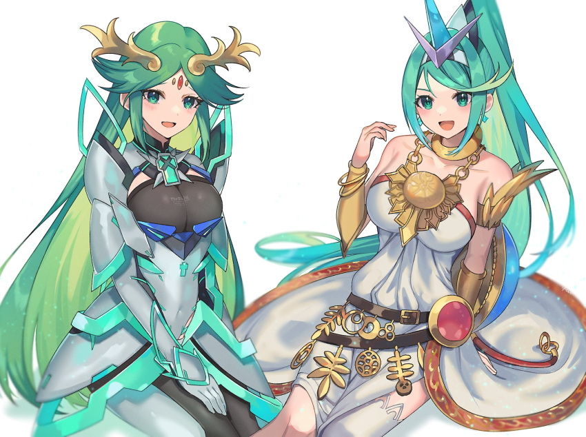 2girls armlet bracelet bracer breasts chest_jewel company_connection crossover dress green_eyes green_hair highres jewelry kid_icarus kid_icarus_uprising large_breasts long_hair multiple_girls nintendo palutena pneuma_(xenoblade) ponytail single_thighhigh strapless strapless_dress thighhighs tiara trait_connection very_long_hair white_legwear xenoblade_chronicles_(series) xenoblade_chronicles_2 yasaikakiage