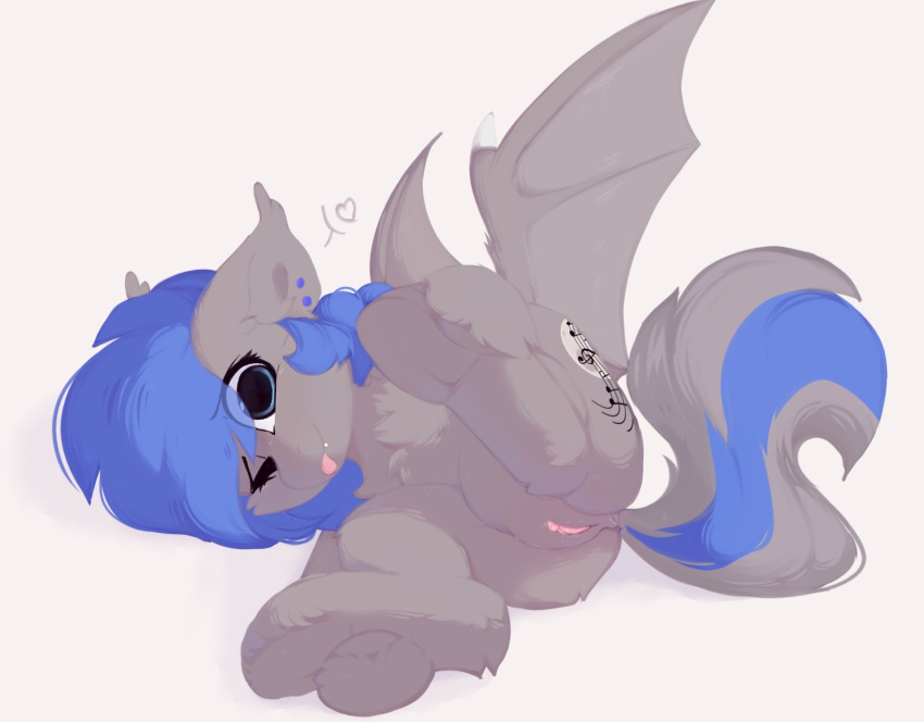 anus bat_pony bat_wings blue_eyes blue_hair blue_tail chest_tuft clitoris cutie_mark ear_piercing ear_tuft equid fan_character female feral fur genitals grey_body grey_fur grey_tail hair hasbro hi_res hooves inner_ear_fluff little-sketches mammal membrane_(anatomy) membranous_wings my_little_pony one_eye_closed piercing pussy tongue tongue_out tuft two_tone_tail wing_claws wings