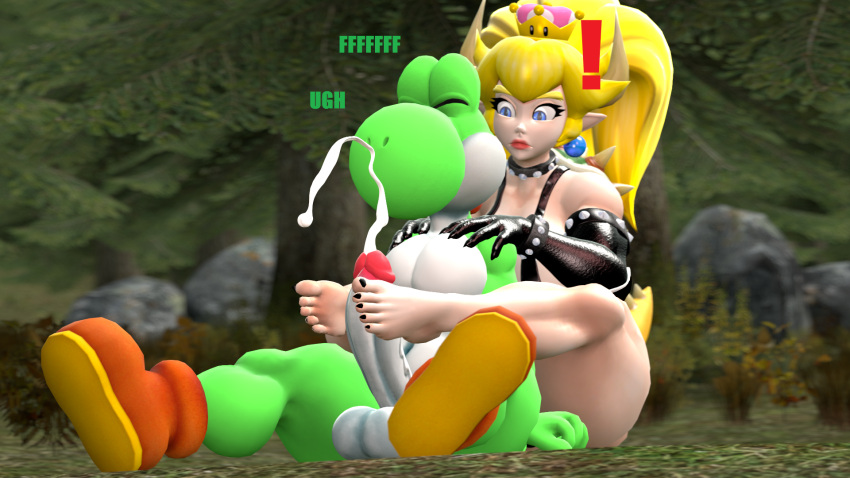 3d_(artwork) animal_humanoid anthro astro_catmew balls barefoot big_penis bikini_strap bodily_fluids boots boots_only bowser bowsette_meme bracelet clothing collar crown cum cumshot dialogue digital_media_(artwork) duo ejaculation erection exclamation_point feet female fist flirting foot_fetish foot_play footjob footwear footwear_only genital_fluids genitals gloves handwear hi_res horn horned_humanoid humanoid jewelry looking_at_another male male/female mario_bros massage massaging meme mostly_nude nintendo outside outside_sex penis scalie scalie_humanoid sex smile spiked_bracelet spiked_collar spikes super_crown super_smash_bros. tail taller_female thick_thighs video_games widescreen yoshi yoshi_(character)