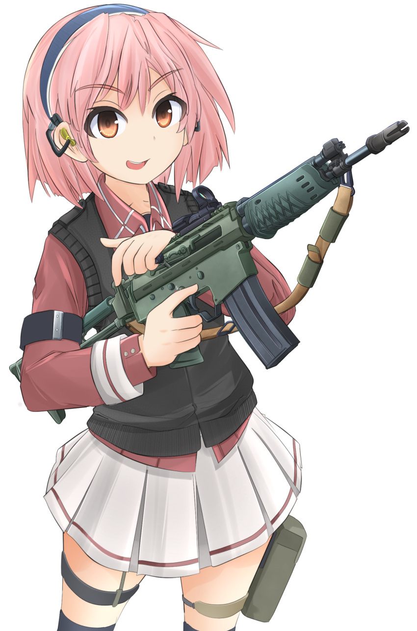 ak_5 assault_rifle cowboy_shot fn_fnc gun headset highres holding holding_gun holding_weapon mikeran_(mikelan) open_mouth orange_eyes original pink_hair reload9_yohji rifle skirt sweater_vest trigger_discipline weapon white_background