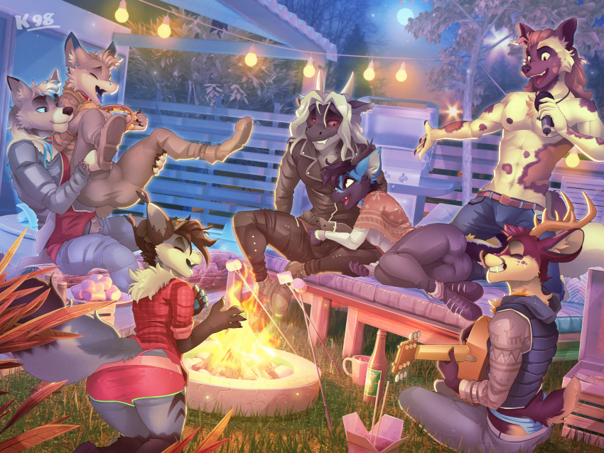 absurd_res african_wild_dog alkumist_(character) anthro bottomwear campfire candy canid canine canis cervid clothing dante_kinkade dessert dragon embrace food fox group guitar happy hi_res hug hugging_from_behind k_98 male male/male mammal marshmallow moon music musical_instrument night outside party plucked_string_instrument ryodramo senky shorts singing string_instrument thetamule tokamiwraithclaw wolf