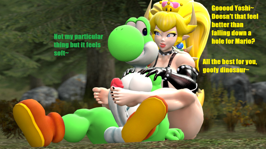 3d_(artwork) animal_humanoid anthro astro_catmew balls barefoot big_penis bikini_strap boots boots_only bowser bowsette_meme bracelet clothing collar crown dialogue digital_media_(artwork) duo erection feet female fist flirting foot_fetish foot_play footjob footwear footwear_only genitals gloves handwear hi_res horn horned_humanoid humanoid jewelry koopa koopa_humanoid looking_at_another male male/female mario_bros massage massaging meme mostly_nude nintendo outside outside_sex penis scalie scalie_humanoid sex smile spiked_bracelet spiked_collar spikes super_crown super_smash_bros. tail taller_female thick_thighs video_games widescreen yoshi yoshi_(character)