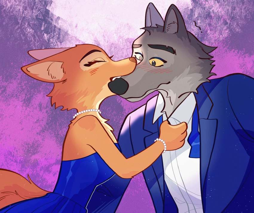 anthro bite black_nose blue_clothing blue_dress blue_necktie blue_suit blush bracelet brown_body brown_fur canid canine canis clothed clothing diane_foxington dreamworks dress duo fangs female fox fur hi_res jewelry looking_at_another loose_tie male male/female mammal mr._wolf_(the_bad_guys) necklace necktie nom orange_body orange_fur pink_background simple_background size_difference teeth the_bad_guys topwear wolf yellow_eyes