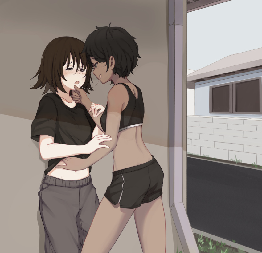 2girls after_kiss black_hair black_shirt black_shorts black_tank_top blush brown_eyes brown_hair collarbone commentary dark-skinned_female dark_skin downspout english_commentary eye_contact freckles grass grey_pants hand_on_another's_chin hand_on_another's_stomach hiwonoafu looking_at_another midriff multiple_girls navel open_mouth original pants saliva saliva_trail shadow shirt short_hair short_shorts short_sleeves shorts smile tank_top tomboy yuri