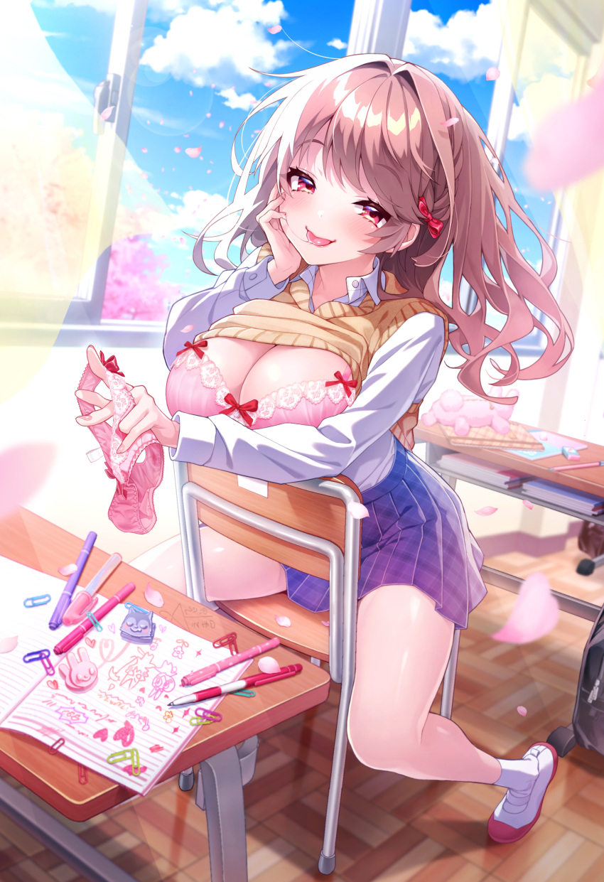 1girl absurdres bow bow_bra bow_panties bra breasts brown_hair chair cherry_blossoms classroom cleavage clothes_lift collared_shirt cover cover_page day desk eraser gothicrifuru hair_ribbon hand_on_own_cheek hand_on_own_face highres holding holding_clothes holding_panties holding_underwear indoors large_breasts light_blush long_hair long_sleeves looking_at_viewer notebook on_chair original panties panties_removed pen pencil_case petals pink_bra pink_panties pleated_skirt red_eyes red_ribbon ribbon saliva saliva_trail school_chair school_desk shirt shoes sitting skirt socks solo sweater sweater_lift sweater_vest tankoubon_cover tongue tongue_out underwear uwabaki white_legwear white_shirt wind window