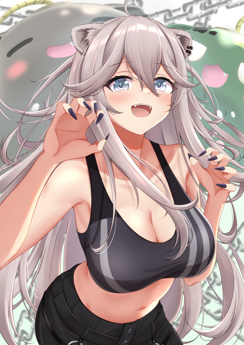 1girl absurdres ahoge animal_ears bangs bare_shoulders black_nails blue_eyes blush breasts chain claw_pose cleavage cowboy_shot crop_top ear_piercing eyebrows_visible_through_hair fangs fingernails grey_eyes grey_hair hair_between_eyes hands_up highres hololive kaigan large_breasts leaning_forward lion_ears lion_girl long_bangs long_fingernails long_hair messy_hair midriff navel nepolabo open_mouth piercing shishiro_botan sidelocks smile sports_bra taut_clothes very_long_hair virtual_youtuber
